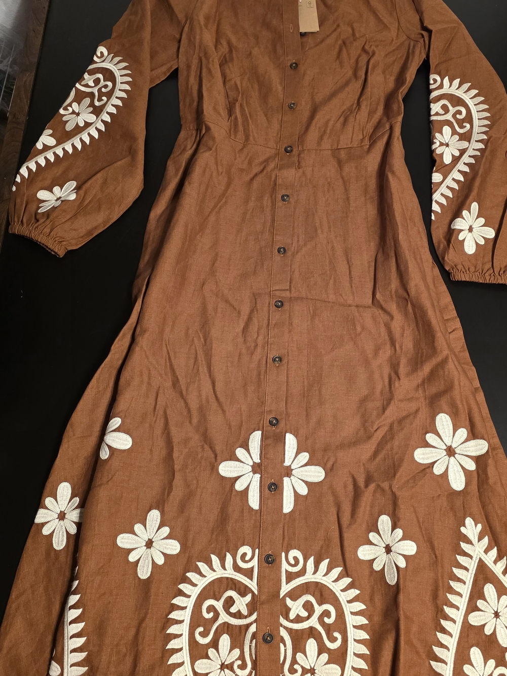 Brown Embroidered Button-Front Dress